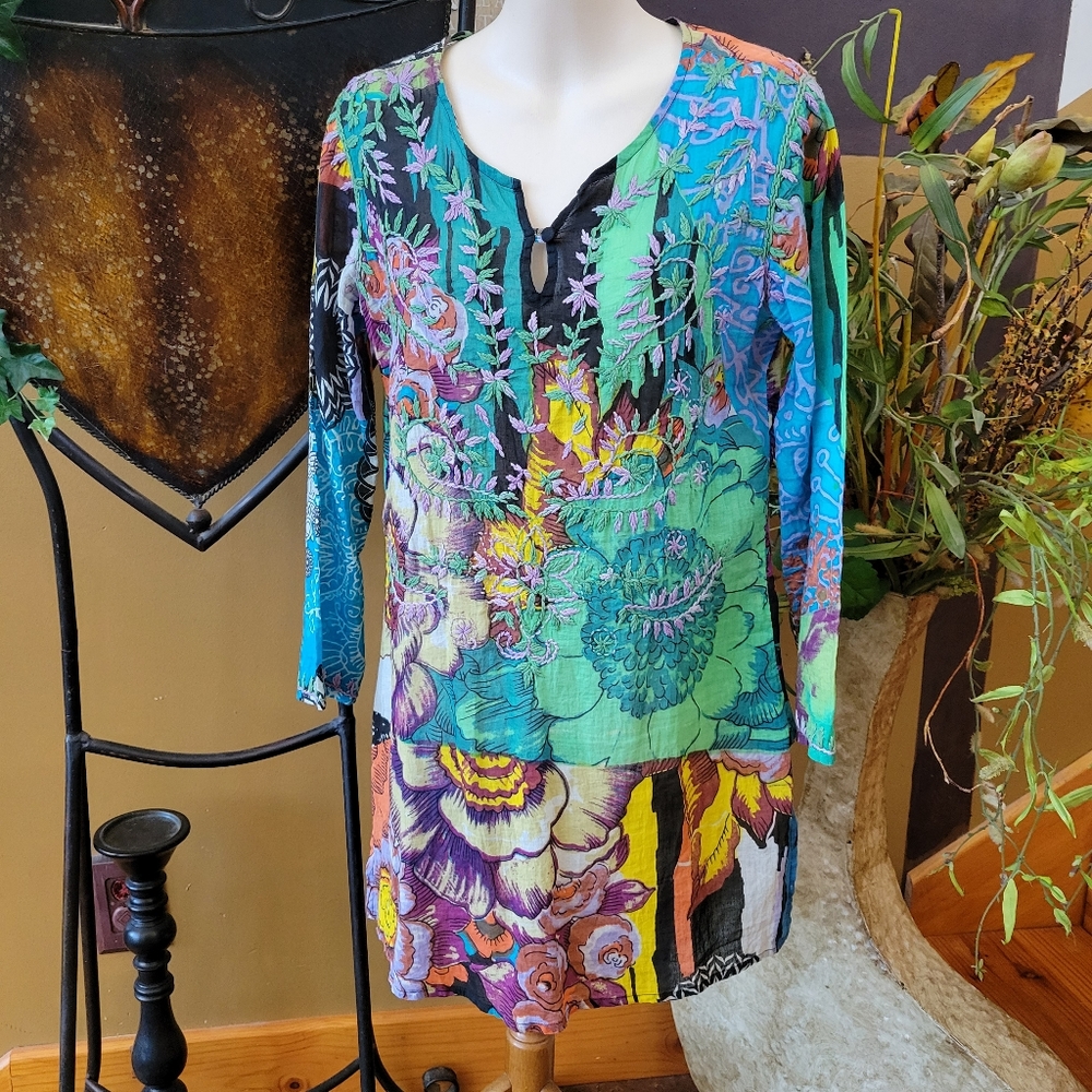 Simi Boho Dress Colorful Embroidered Lightweight Long Sleeve Bohemian India S
